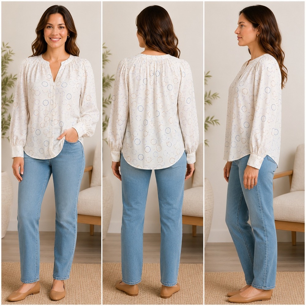 Worthington Blouse Womens XL White Circle Geometric Henley Neck Raglan Sleeve